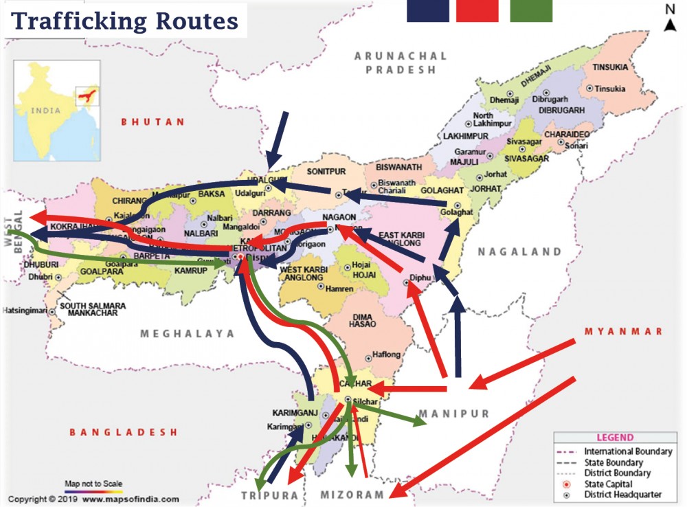 Map of Northeast India showing the transit routes from where drugs get trafficked to the other parts of the country and abroad. (Photo Courtesy:  Lunkholal Palal Guite, Intelligence Officer, NCB, Zonal, Guwahati)